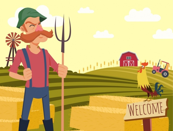 Agriculture farm drawing farmer hill cock icons Free vector
