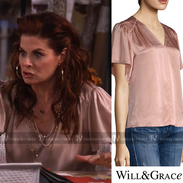 Grace Adler in pink silk blouse on Will & Grace season 10 episode 2 TV Fashion Finder Grace Adler in pink silk blouse on Will & Grace season 10 episode 2 TV Fashion Finder