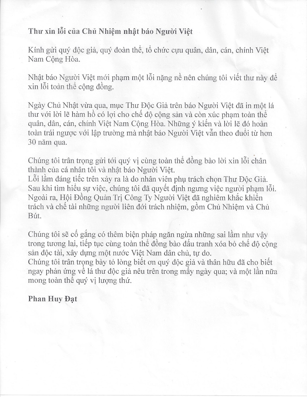 Sinh Hoạt QLVNCH Thu Xin Loi / Bao Nguoi Viet