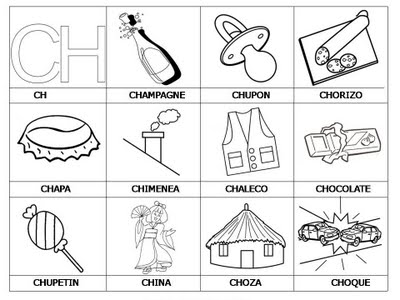 Laminas con dibujos para aprender palabras y colorear con letra: CH -  COLOREA TUS DIBUJOS