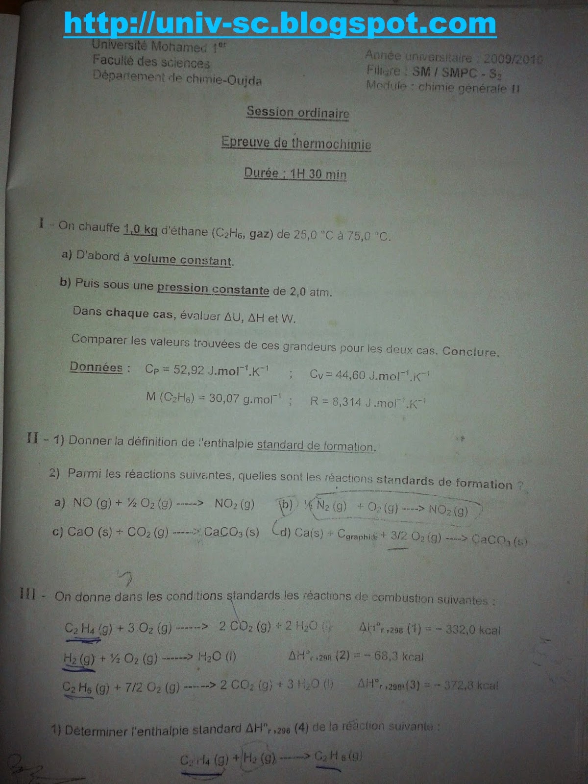 exam thermochimie 2010 smpc s1 faculté science oujda