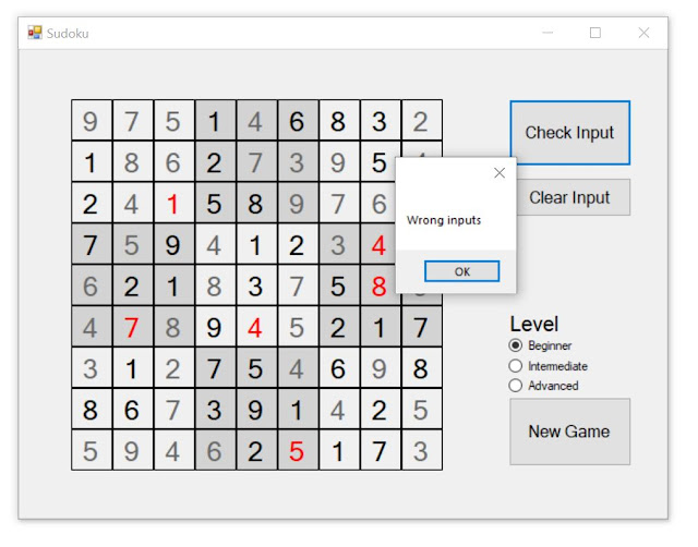 Develop Sudoku game using basic Windows Form and C codes