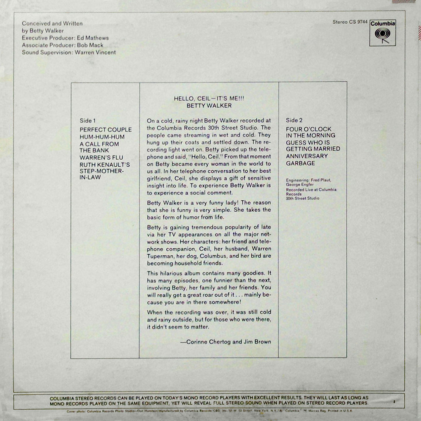 Vintage Stand Up Comedy Betty Walker Hello Ceil It S Me 1960s