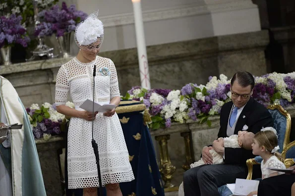 Queen Silvia and King Carl Gustaf of Sweden, Crown Princess Victoria, Prince Daniel, Princess Estelle, Princess Madeleine of Sweden with daughter Princess Leonore and Christopher O'Neill, Prince Carl Philip and Princess Sofia, Prince Haakon and Princess Mette-Marit of Norway, Crown princess Mary and Prince Frederik of Denmark, Ewa and Olle Westling at the christening of Prince Oscar of Sweden at the Royal Chapel in Stockholm.Antonio Berardi Blue Cape-back Stretch Crepe Dress