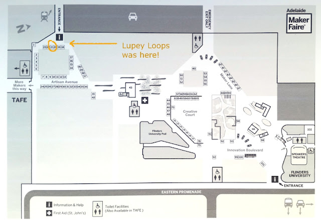 The exhibitor map shows the TAFE building on the left, the Flinders University Building on the Right and the open areas for the Maker Faire in the middle. Each section has been named (from left to right) Artisan Avenue, Creative Court, Maker Lane, Central Forest, Innovation Boulevard. Entrances to the site are marked at the top left and bottom right.