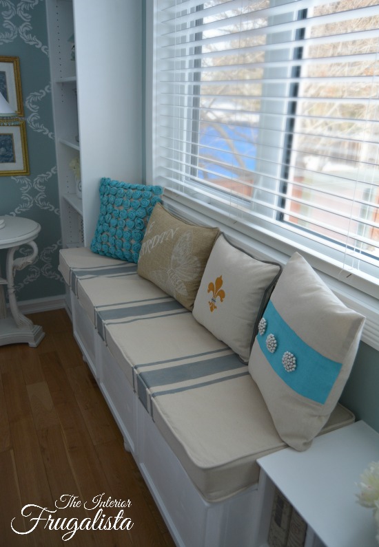 Repurposed drop cloth cushion for DIY window seat