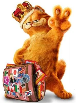 Garfield con corona y maleta de viaje.