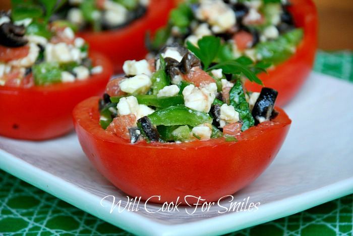 Mediterranean Stuffed Tomato Cups on a white plate