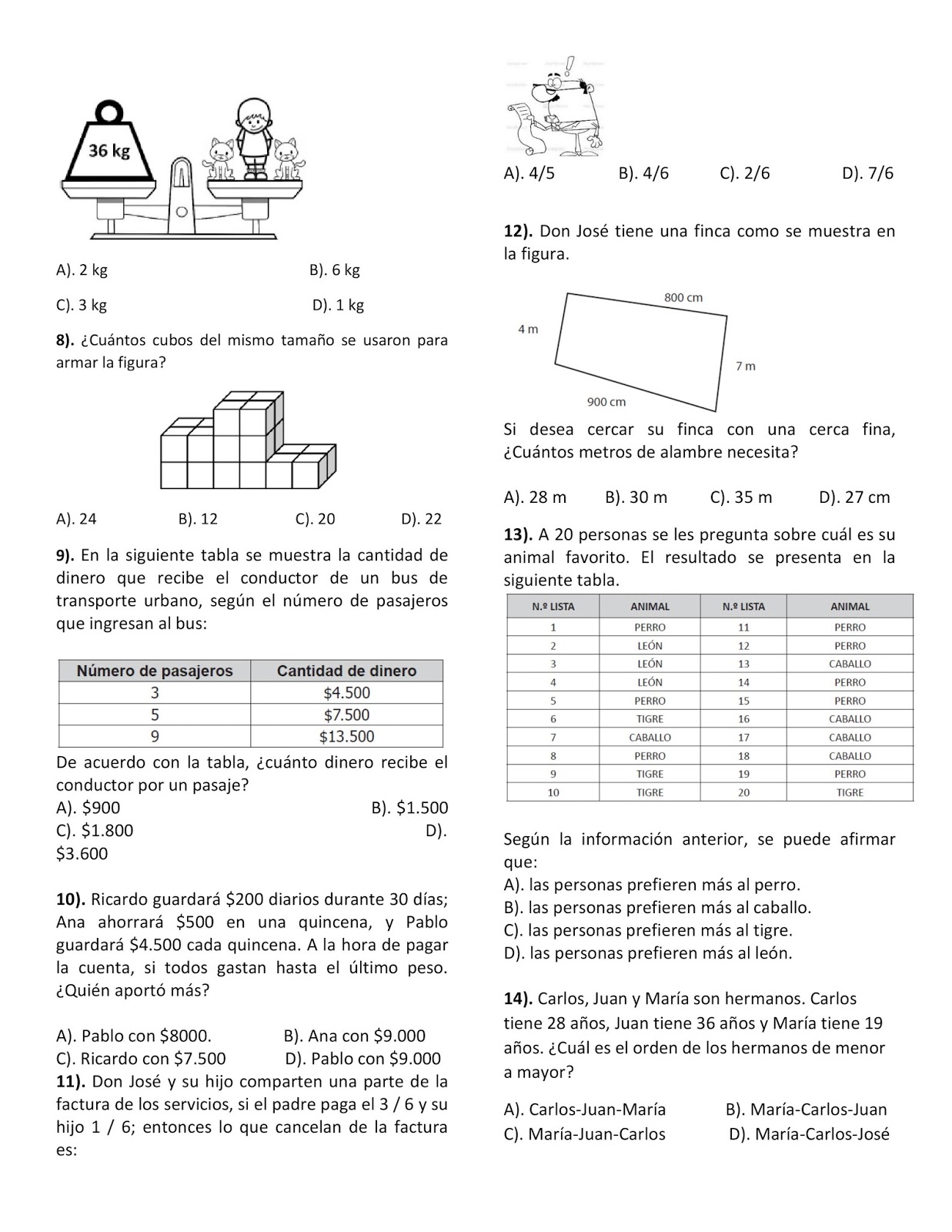 MATEMÁTICAS GRADOS 4° Y 5° SEDE FUSACATÁN TALLERES PRUEBAS SABER GRADO 5°
