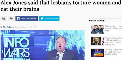 screen cap of Alex Jones in his studio with his mouth hanging open, accompanied by a headline reading: 'Alex Jones said that lesbians torture women and eat their brains'