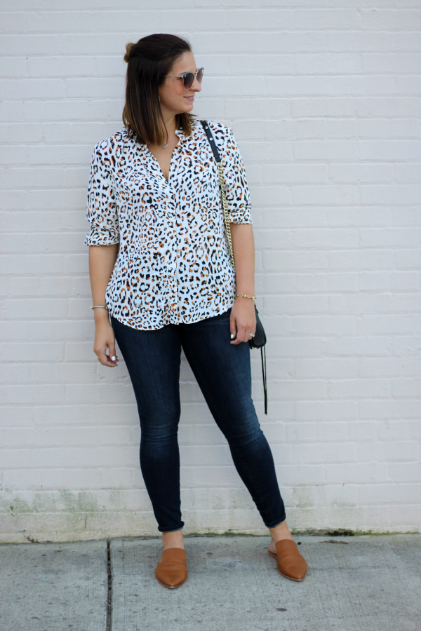animal print top, mid rise skinny jeans, north carolina blogger, style on a budget, mom style