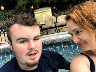 Selfie of me and Leo in a hotel hot tub.