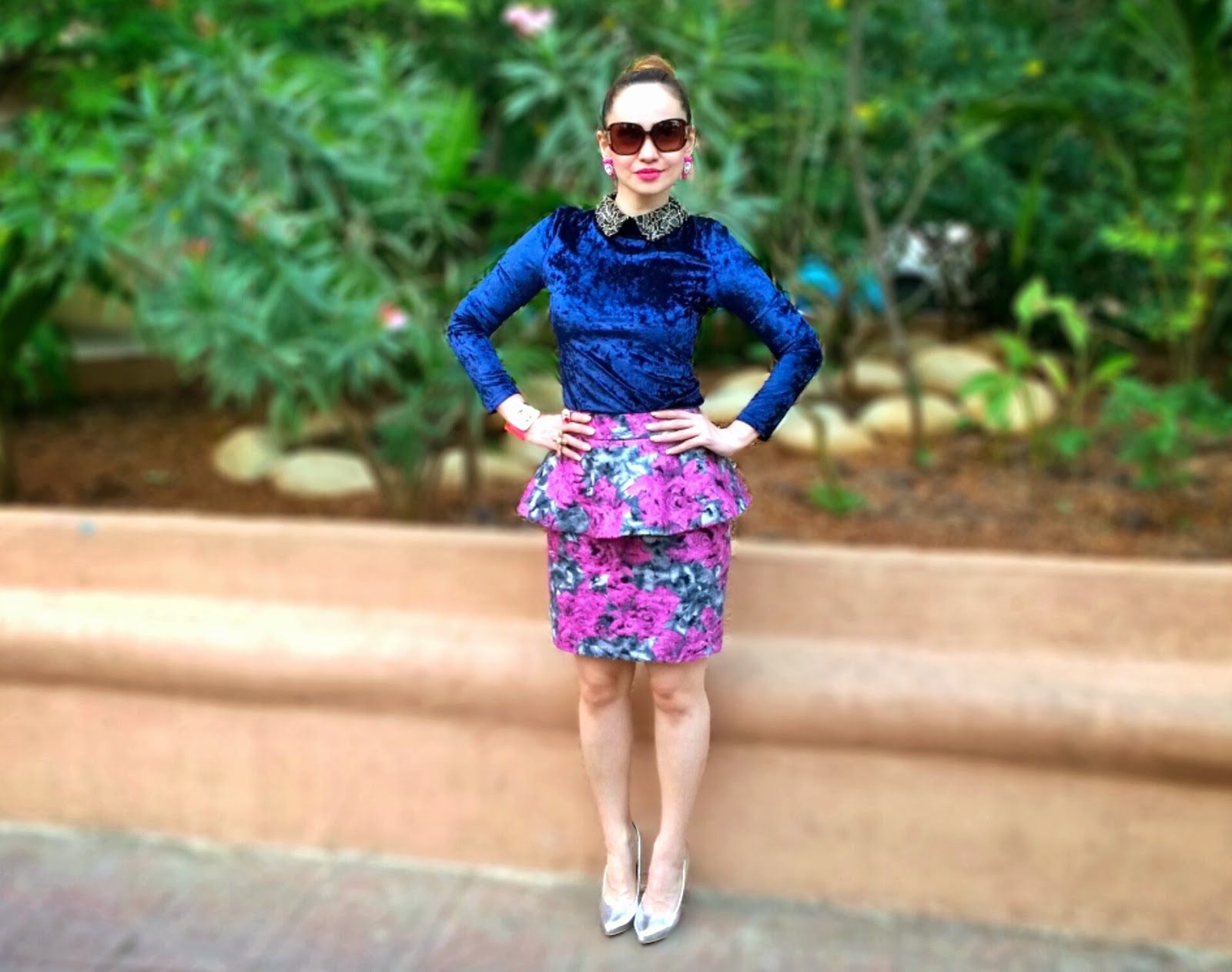 Blue Velvet Full Sleeve Top & Floral Peplum Skirt