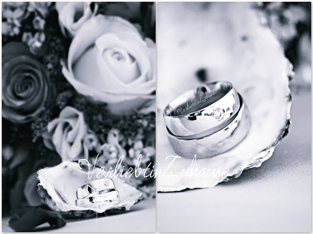 Hochzeit auf Norderney im Detail: Die Eheringe in einer Muschel vor dem Brautstrauß