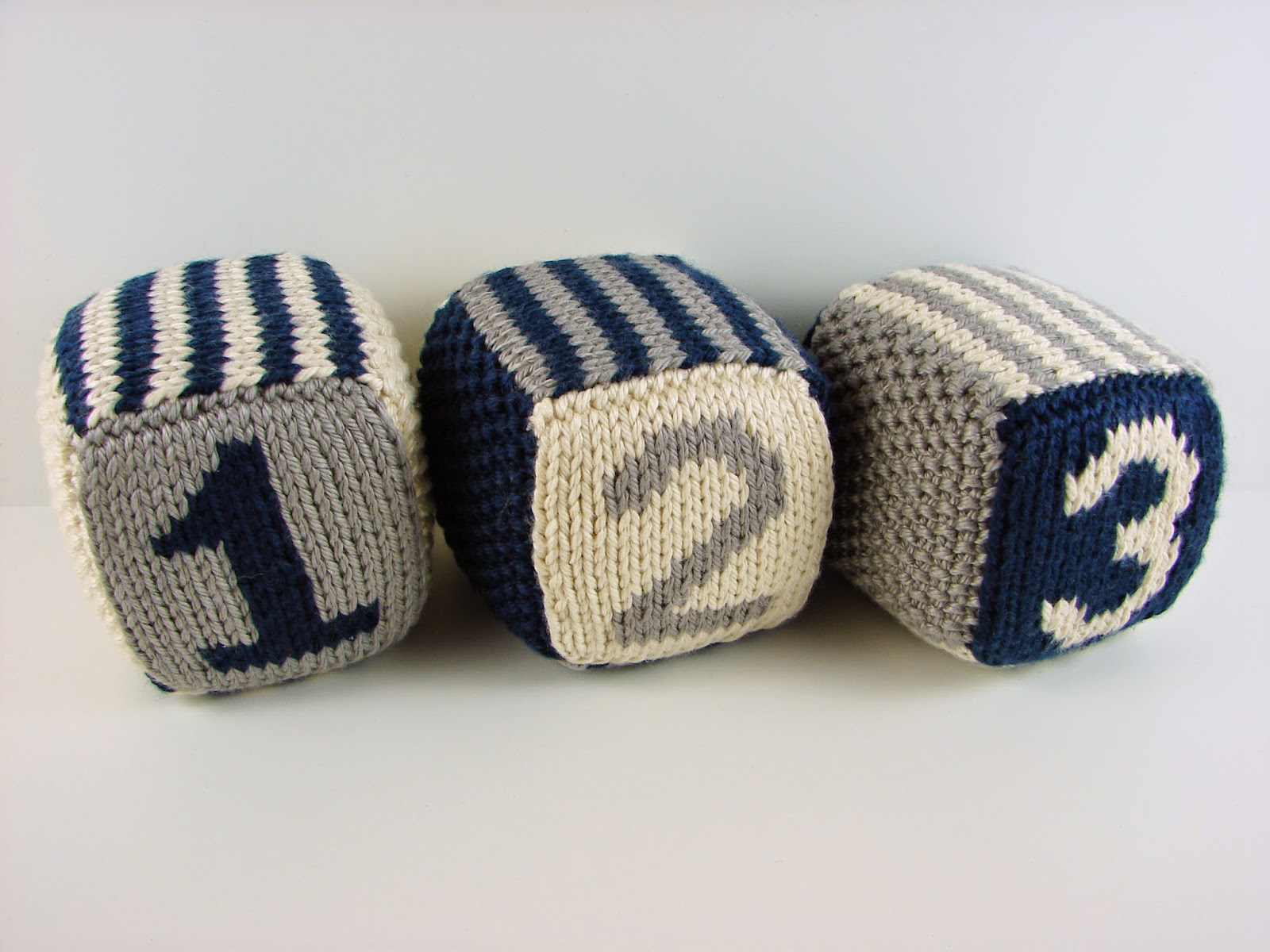 knit, blocks, foam, toys, hand knit, letter, number, striped, white, navy blue, gray