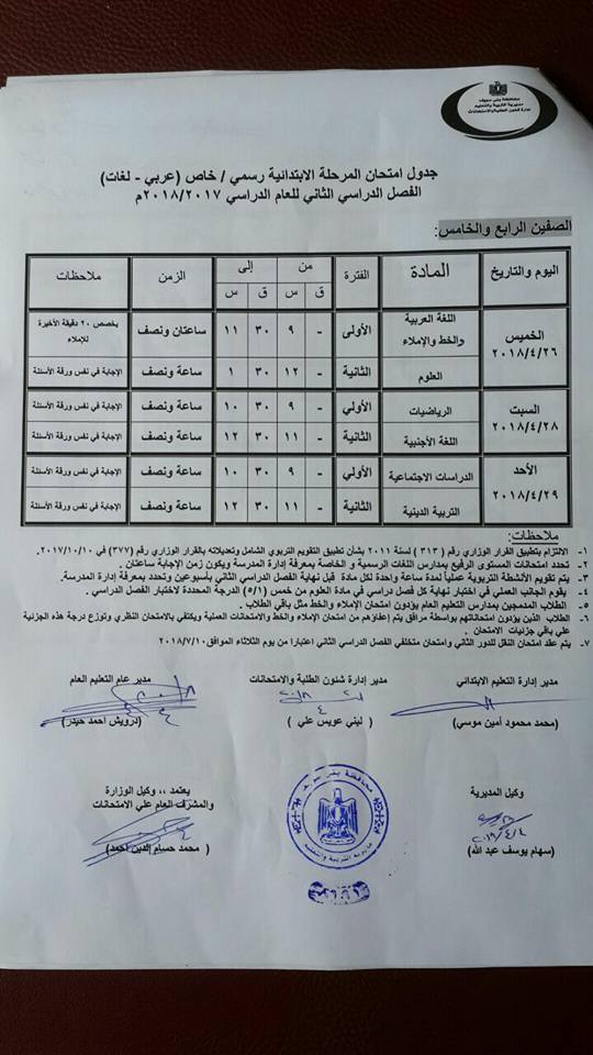 جدول امتحانات الصف الخامس الأبتدائي محافظة بني سويف الترم الثاني 2018 "آخر العام"