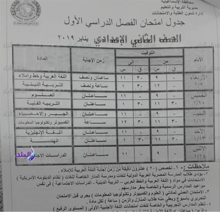 جداول امتحانات نصف العام 2019 محافظة الاسماعيلية 558