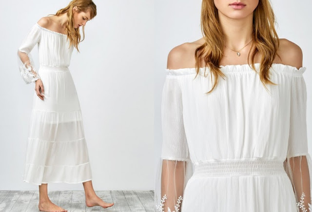  Off Shoulder Shirred Maxi Dress - White
