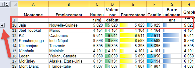 Symbole + pour afficher les lignes masquées