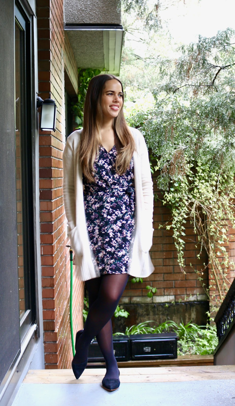 Jules in Flats - Floral Wrap Dress with Cardigan (Business Casual Spring Workwear on a Budget)