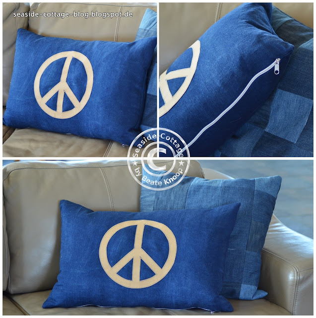 Kissen nähen aus Jeans mit Applikation aus Snappap, Peace-Symbol, DIY