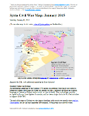 Map of fighting and territorial control in Syria's Civil War (Free Syrian Army rebels, Kurdish groups, Al-Nusra Front, Islamic State (ISIS/ISIL) and others), updated for January 2015. Highlights recent locations of conflict and territorial control changes, such as Kobani (Ayn al-Arab) and others, and for the first time uses a separate symbol for al-Nusra control.