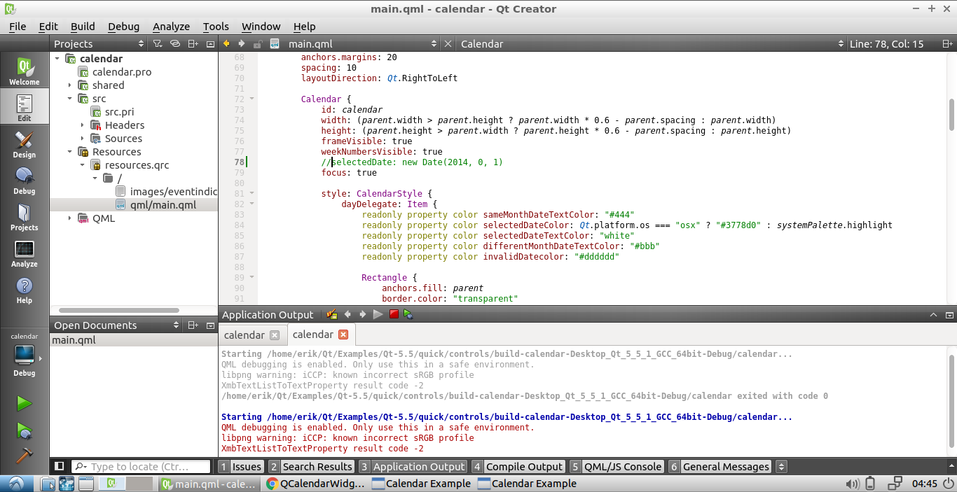Qteveloper Chage Qt5 Example of Calendar to set today