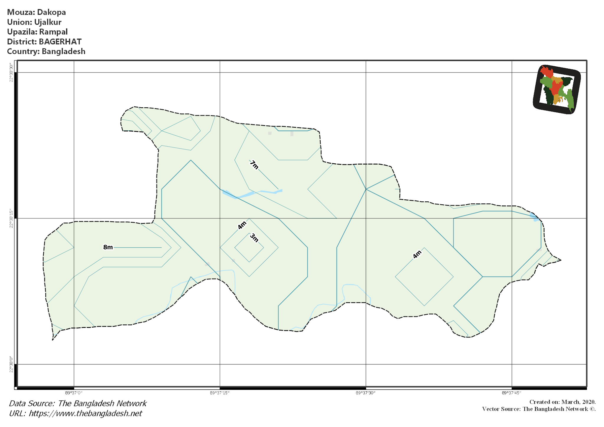 Map of Dakopa Mouza of Rampal Upazila, BAGERHAT, Bangladesh.