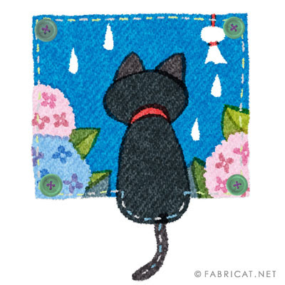 窓から雨をみつめる黒猫と紫陽花のイラスト