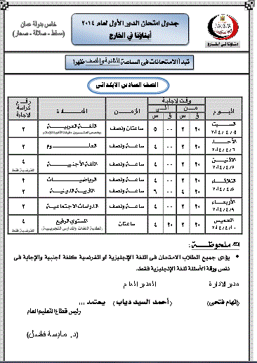 جداول امتحانات الصف الأول الابتدائى إلى الصف الثانى الثانوى الترم الثانى 2014 لدولة عمان 6p