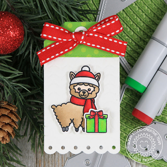 Christmas Gift Tag by Juliana Micheals featuring Sunny Studio Stamps Build A Tag No. 2 Dies, Alpaca Holiday Stamp Set, Cable Knit Embossing Folder and 6x6 Holiday Cheer Paper Pad