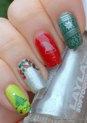 Christmas Skittle nails with Layla Marshmallow Twilight, Essence and KBShimmer Strung Out and Bundle Monster stamping