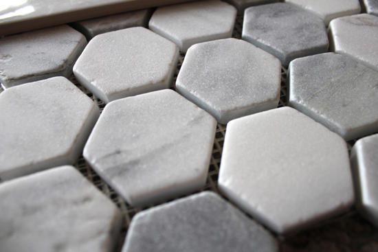 Bluet Clover Bathroom Renovation So I Came Up With Another Plan Using The Same Hexagon Shapes And Subway Pattern But In Marble Tumbled On Floor A Ceramic Faux Tile