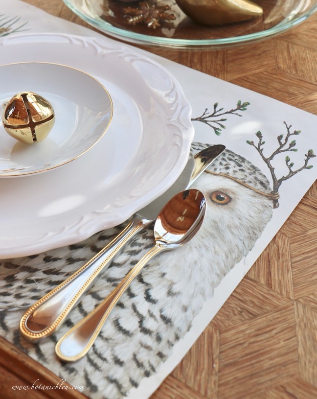 paper place mats with white whimsical owls  for a French table setting