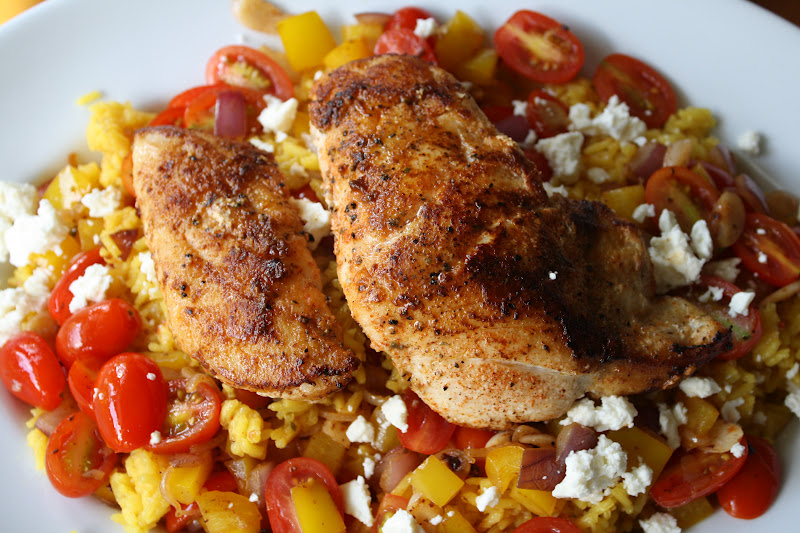 Lauren's Menu: Pan Seared Grouper with Tomatoes and Feta over Saffron Rice