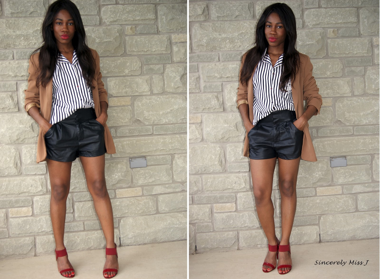 Stiped blouse, black shirts, camel blazer and red shoes