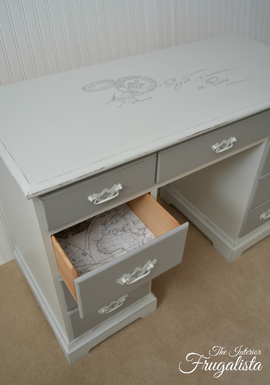Executive Wooden Desk Makeover with Old World Map lined drawers