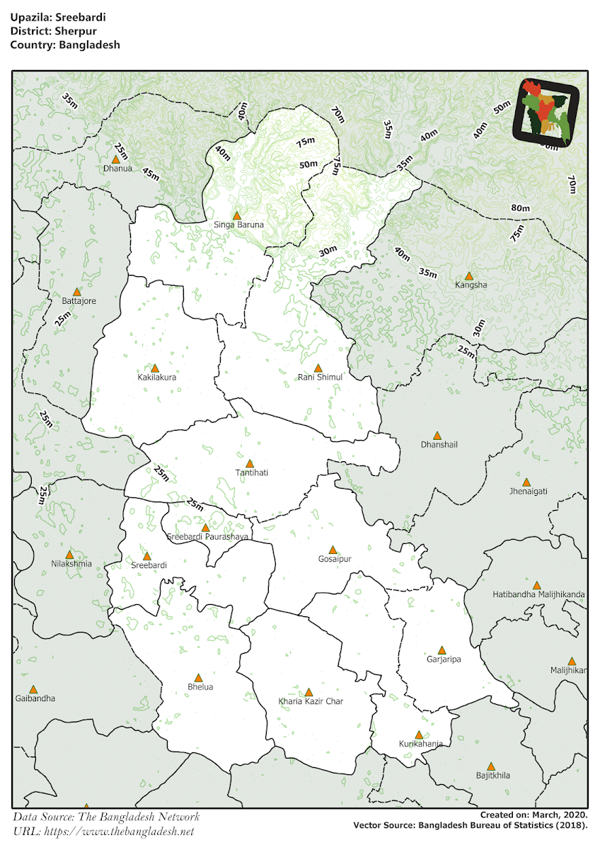 Sreebardi Upazila Elevation Map Sherpur District Bangladesh