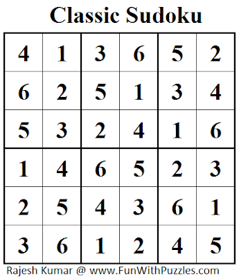 Classic Sudoku (Mini Sudoku Series #36) Solution
