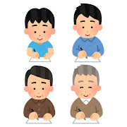 いろいろな紙に何かを書く人のイラスト（男性）