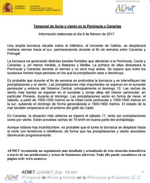 Comunicado AEMET temporal Canarias 11 febrero Comunicado AEMET temporal Canarias 11 febrero
