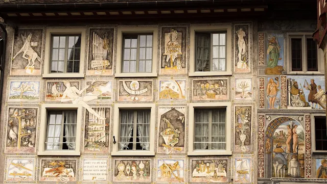 Painted facade in Stein am Rhein Switzerland, a popular day trip destination from Zurich by car