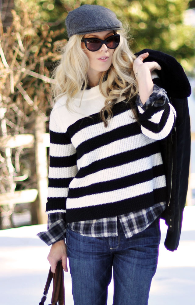 Winter style, stripes and plaid, newsboy cap, black and brown