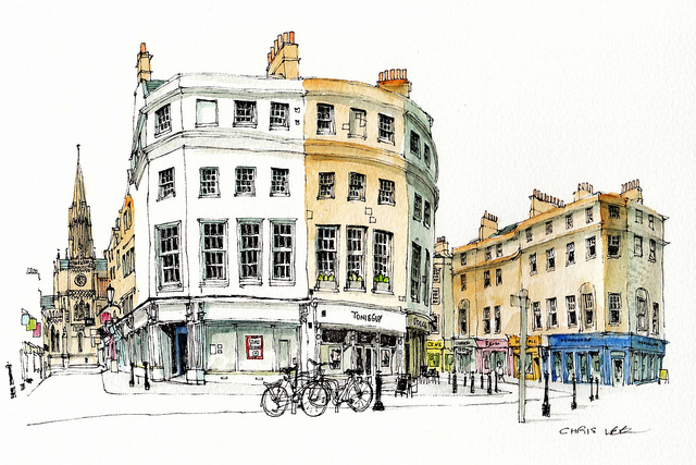15-UK-Milsom-Street-Bath-Chris-Lee-Charming-Architectural-wobbly-Drawings-and-Paintings-www-designstack-co