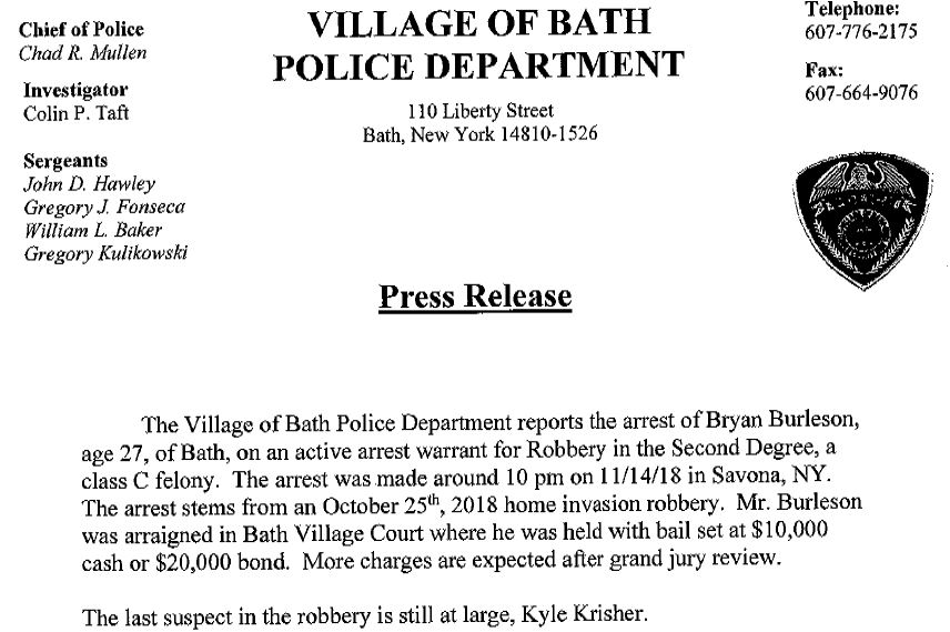 Wellsville Regional News (dot) com Bath police make another arrest in