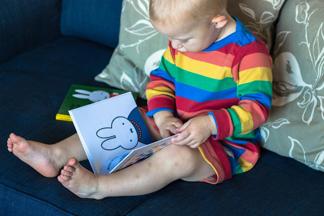 A toddler on the sofa looking at the Miffy at the gallery book