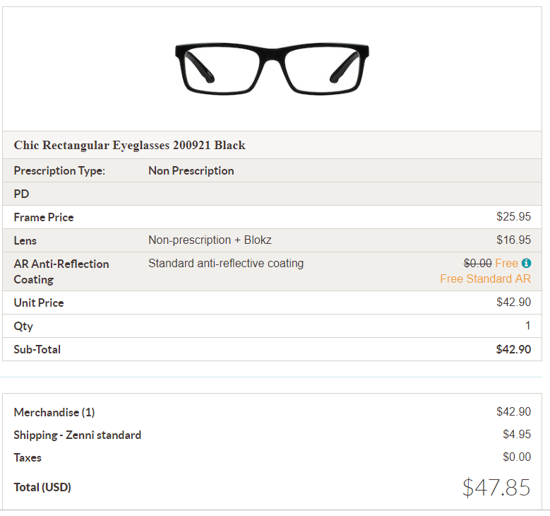 A receipt from Zenni.com