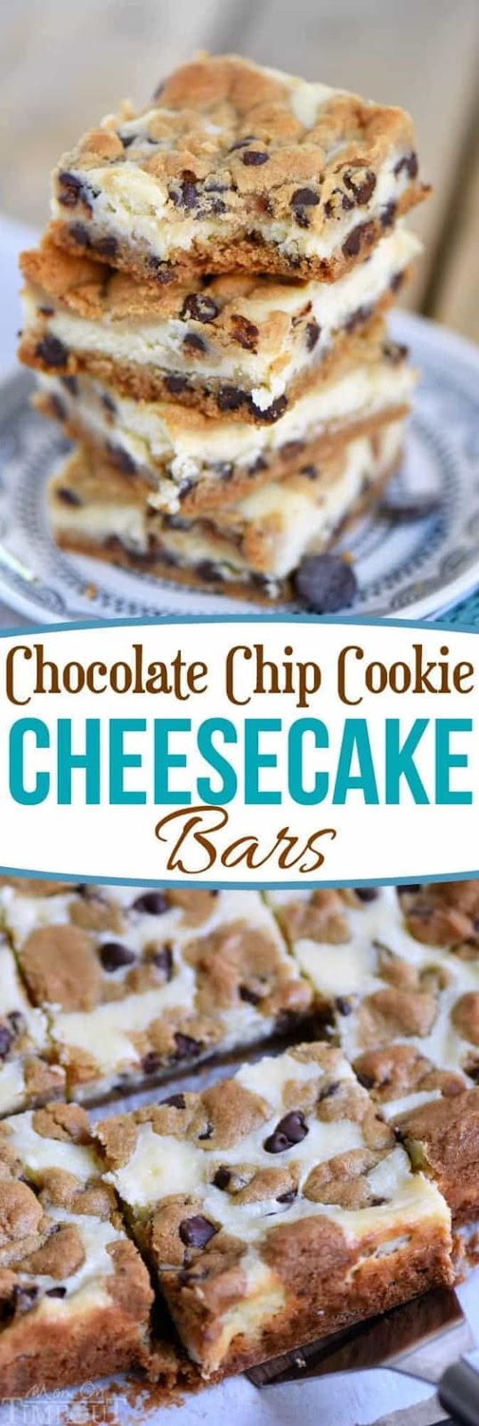 These easy Chocolate Chip Cookie Cheesecake Bars are made with just five ingredients! This easy dessert recipe will satisfy all your cravings and is PERFECT for parties, bake sales, cookie trays and more! // Mom On Timeout #desserts #dessert #baking #cheesecake #chocolate #chocolatechipcookies #bars #sweets #cookies #easy #recipe #recipes #momontimeout