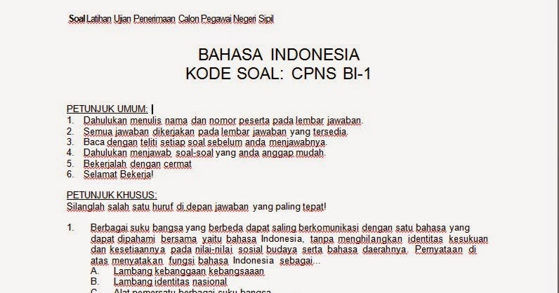 Soal Cpns Bahasa Indonesia / Contoh Soal CPNS 2018: SOAL SKB GURU SD