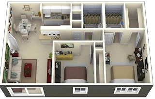 Contoh denah rumah minimalis 2 kamar 3D